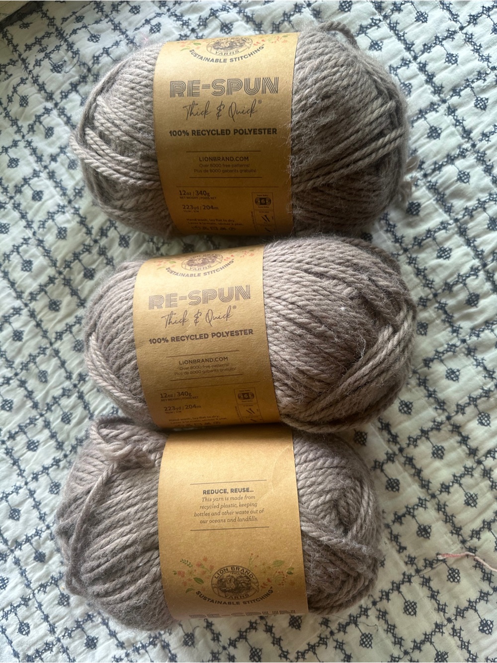 3- Lion Brand Re-Spun Thick & Quick Yarn, a super bulky weight yarn. Hazelwood
